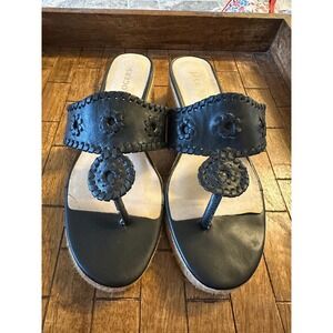 Jack Rogers Espadrille Wedge Sandals Black Leather Flower Detail Size 8M